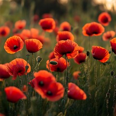 Fototapeta premium A vibrant field of red poppies illuminated by sunlight, creating a serene and picturesque natural scene.