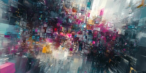 Abstract painting with geometric shapes and vibrant colors.