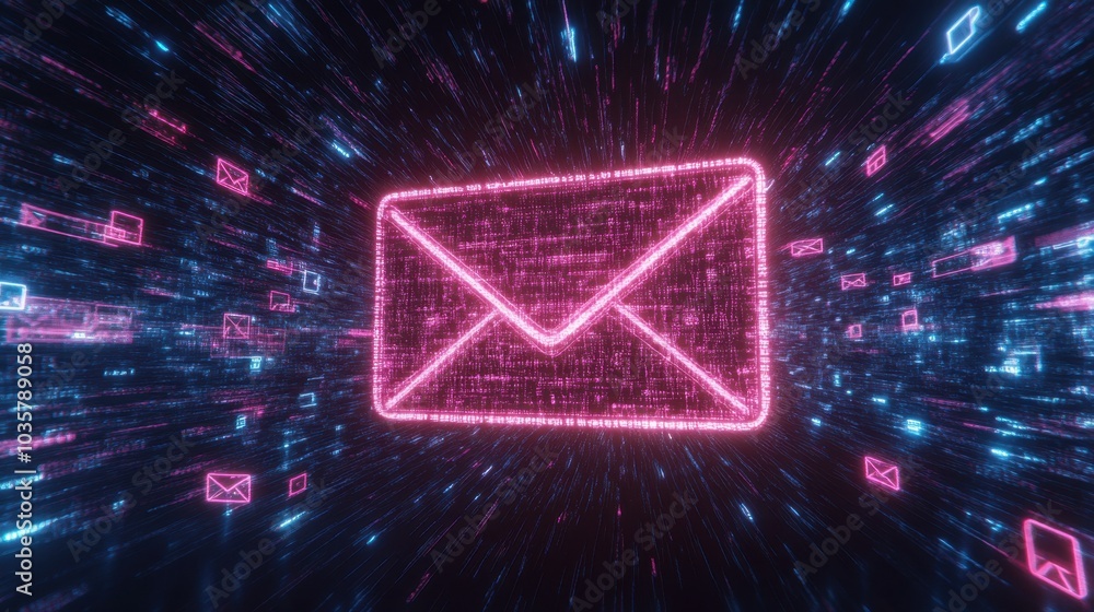 Poster a digital mailbox icon in a vast cyberspace environment, with data trails flowing around it