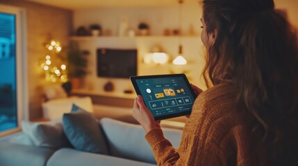 A couple managing their smart home devices and security systems through a centralized control panel on a tablet, Modern lifestyle scene, Home automation style