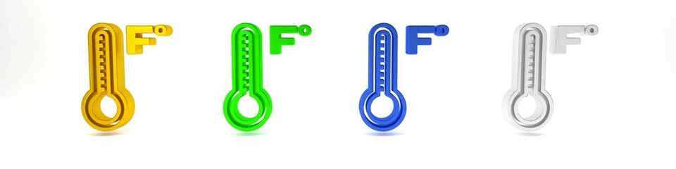 Colorful Meteorology thermometer measuring heat and cold icon isolated on white background. Temperature Fahrenheit. Minimalism concept. 3D render illustration