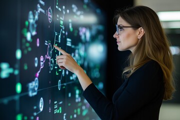 Finance consultant engaged in analysis of financial data in a dark office with soft lighting and a large screen