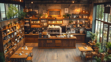 Cozy vintage caf&eacute; with antique furniture, warm lighting, patrons enjoying coffee and pastries, surrounded by bookshelves and plants, creating an inviting atmosphere