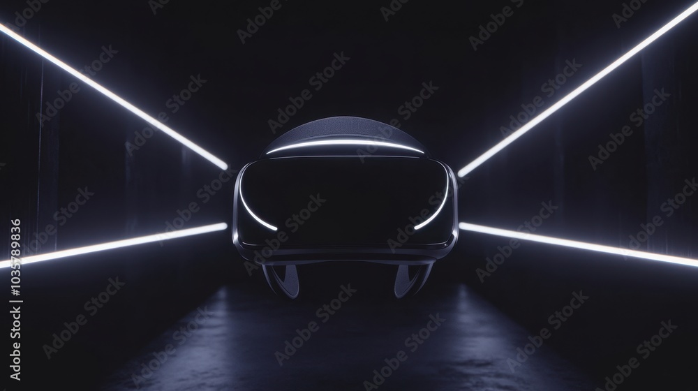Poster a futuristic vr headset appears to hover in a dark space, dramatically lit by soft beams of light fr