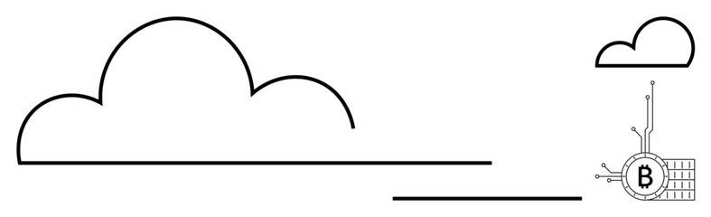 Minimalistic design showcasing a large cloud and smaller cloud with a Bitcoin symbol and circuit connections. Ideal for technology, cryptocurrency, cloud computing, data storage, and finance. Simple