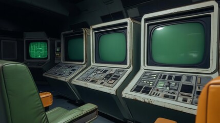 Alien control room, broken tech, flickering screens, desolate calm