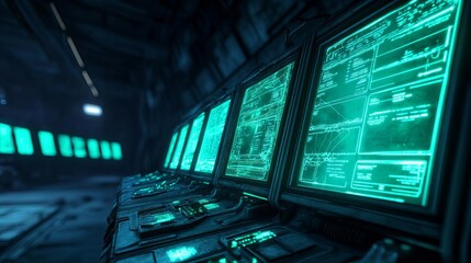 Obraz premium Alien control room, holographic displays, cracked screens, desolate air