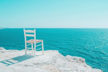 Fototapeta premium A Single White Chair Overlooking a Tranquil Turquoise Sea