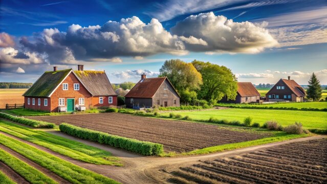 Rural landscape with fields and traditional farmhouses in Langwarder Groden Budjadingen, rural