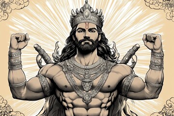 Fototapeta premium An old-school illustration of Ramaâ€™s coronation, drawn in a nostalgic, hand-drawn style with muted tones