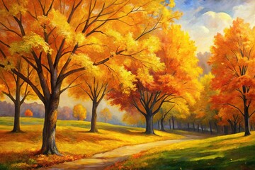 Fototapeta premium acrylic painting of yellow and orange autumn trees viewed at a tilted angle