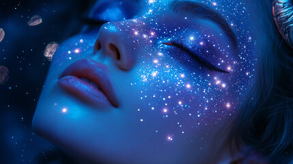 woman cosmic galaxy makeup, stars and moon, Halloween, esotericism astrology tarot divination. Banner copy space