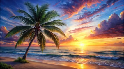 Summer sunset painting featuring a palm tree overlooking the ocean , tropical, beach, sunset, painting, palm tree, ocean view