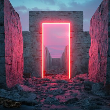 Alien fortress, crumbling walls, eerie neon light, post-apocalyptic silence