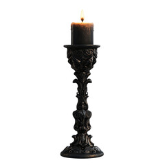 Gothic Black Candle with Ornate Holder and Flickering Flame on Transparent Background - Made with Generative AI