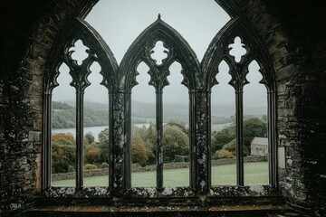 Fototapeta premium A Window View from a Stone Cathedral with a Misty Landscape