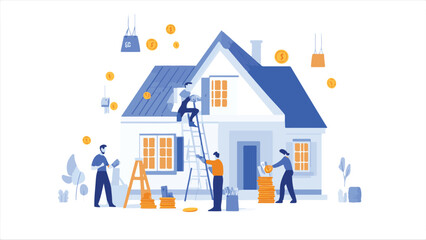 Flat illustration of people working on the exterior of a modern home, with coins and a money bag around it, against a white background.
