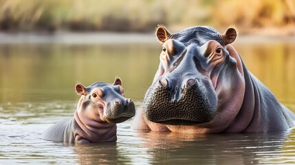Fototapeta premium A baby hippo swimming playfully beside its mother in a shallow, clear river Sunlight filters through the water, creating dappled reflections on their bodies and the riverbed