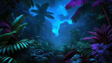 Alien jungle, mutated plants, bioluminescent light, eerie silence