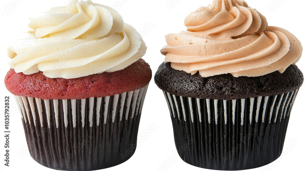 Poster assorted cupcakes with colorful icing on a transparent background generative ai