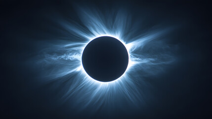 An awe-inspiring illustration of a total solar eclipse, with the moon completely covering the sun, creating a halo of light in the darkened sky, and a sense of cosmic wonder