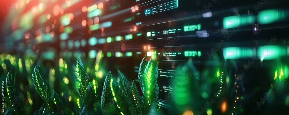 Poster a vibrant blend of digital elements and greenery, symbolizing the intersection of technology and nat
