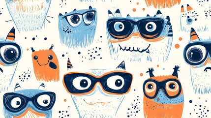 Playful Monster Doodles Seamless Pattern - Fun and Whimsical Cartoon Creatures in Blue and Orange for Kids' Designs