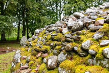 Close up of stones on 4000-year-old bronze age circular chamber burial cairns  of Clava Cairns close to Inverness, Scotland, UK, with stone circles on a terrace above the River Nairn 