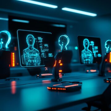 Alien lab, broken tech, flickering holograms, ominous silence