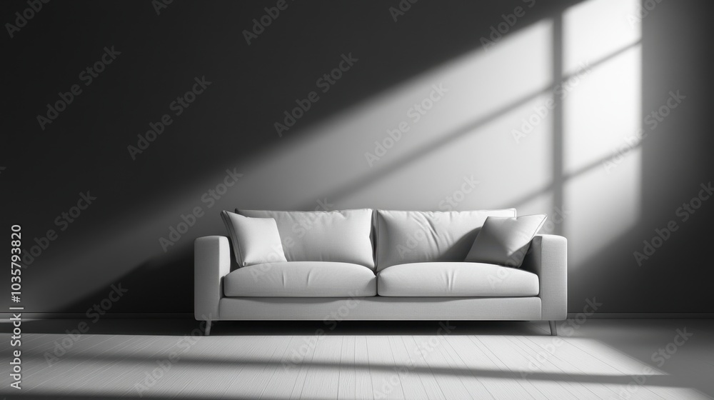Poster a modern sofa sits under a spotlight in an otherwise empty room, highlighting its design in a minima