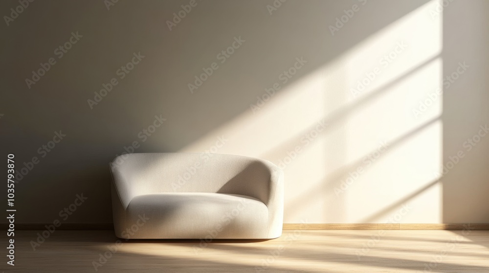 Poster a modern sofa sits under a spotlight in an otherwise empty room, highlighting its design in a minima