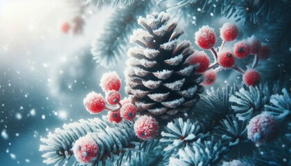 Photorealistic close-up of a snow-dusted pinecone, red berries nestled among frosty pine branches, with soft snow falling in the blurred background