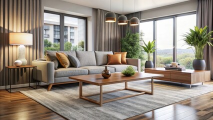 Naklejka premium Modern living room with a stylish table , contemporary, interior design, home decor, cozy, minimalist, spacious, elegance