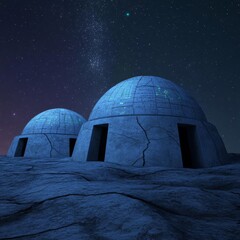 Obraz premium Alien observatory ruins, cracked domes, alien star charts, silent night