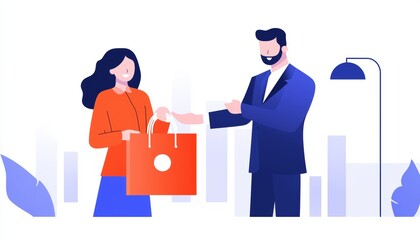 Obraz premium Happy woman holding a grocery bag while being helped by her father, illustrating family support, love, and sharing responsibilities