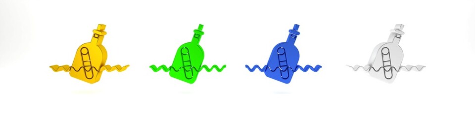 Colorful Glass bottle with a message in water icon isolated on white background. Letter in the bottle. Pirates symbol. Minimalism concept. 3D render illustration