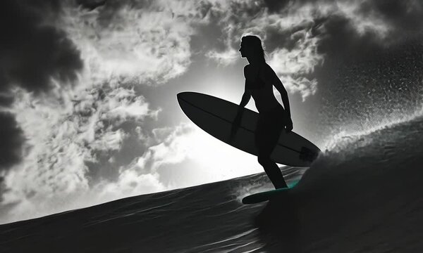woman surfer in the wave at sunset. surfing.