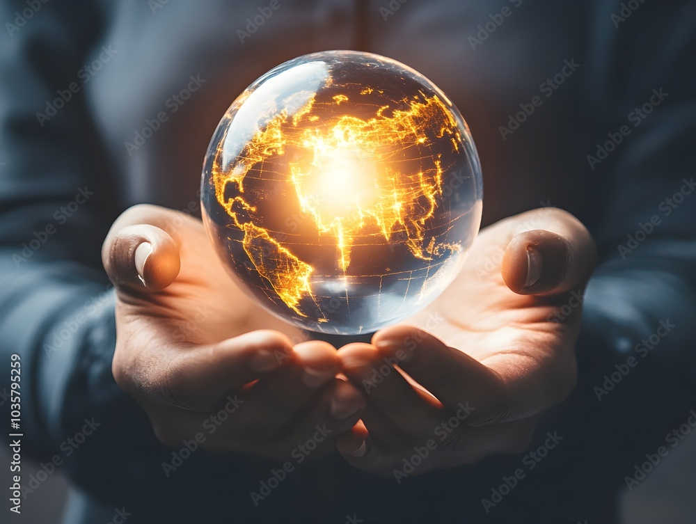 Poster hands holding illuminated globe with geographic detail