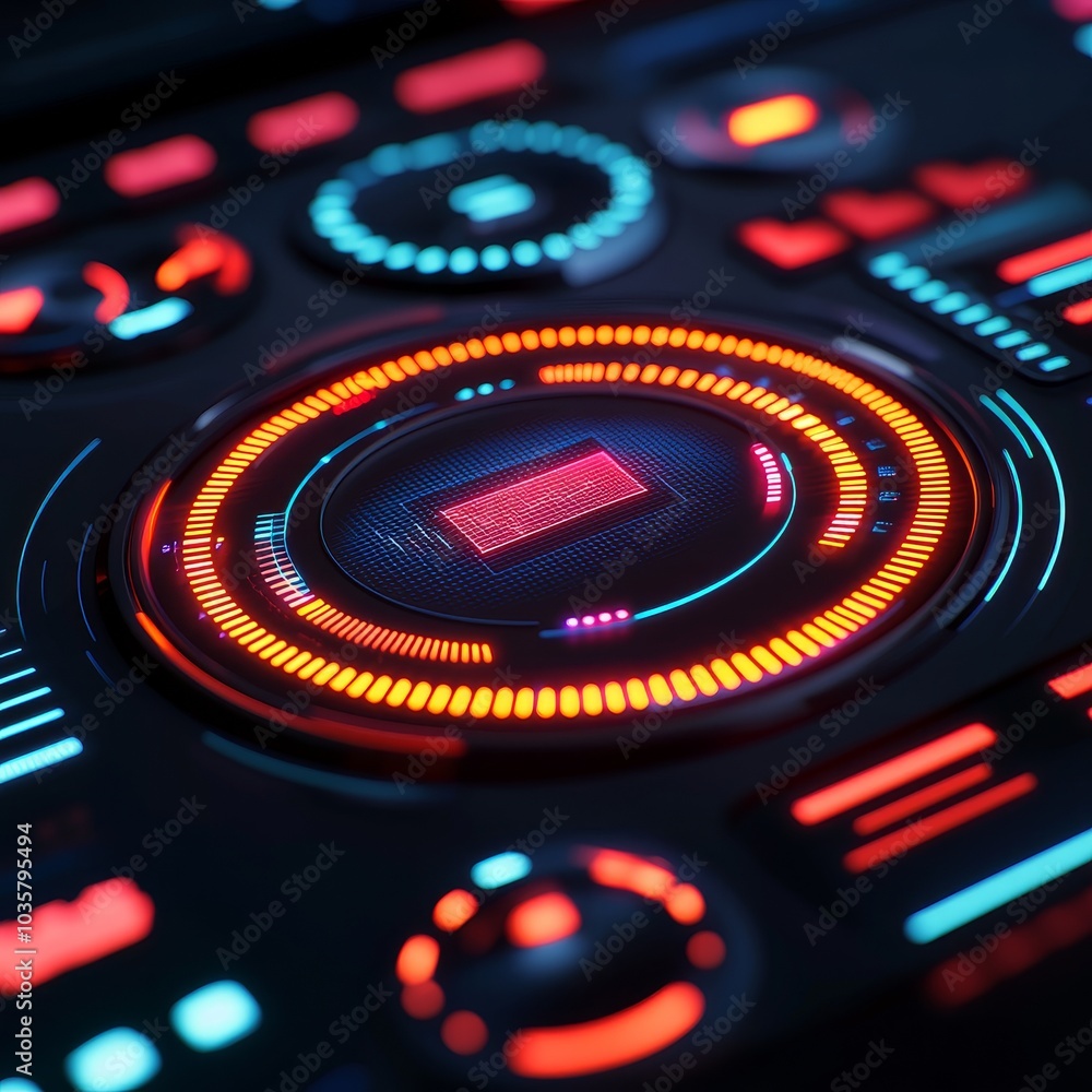 Poster a vibrant control panel with illuminated buttons and circular displays, showcasing a futuristic desi