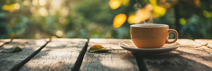 A steaming cup of coffee on a rustic wooden table, embracing warmth and a fresh morning start.