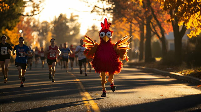 Lively charity fun run with participants in colorful turkey costumes, sunny and joyful outdoor event