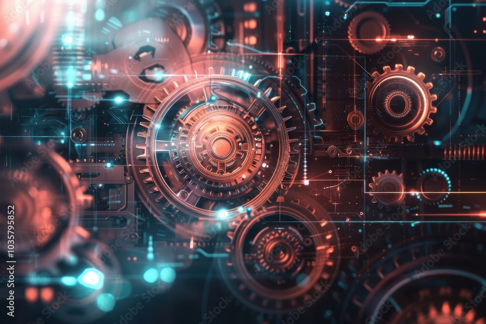 Poster neon-illuminated abstract mechanical background with gears and sprockets for tech designs