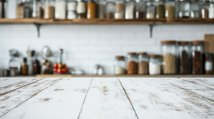 rustic kitchen scene with focus on empty white wooden surface, perfect for showcasing products. blurred background features shelves with jars and kitchen utensils