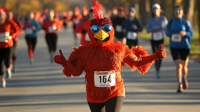 Lively charity fun run with participants in colorful turkey costumes, sunny and joyful outdoor event