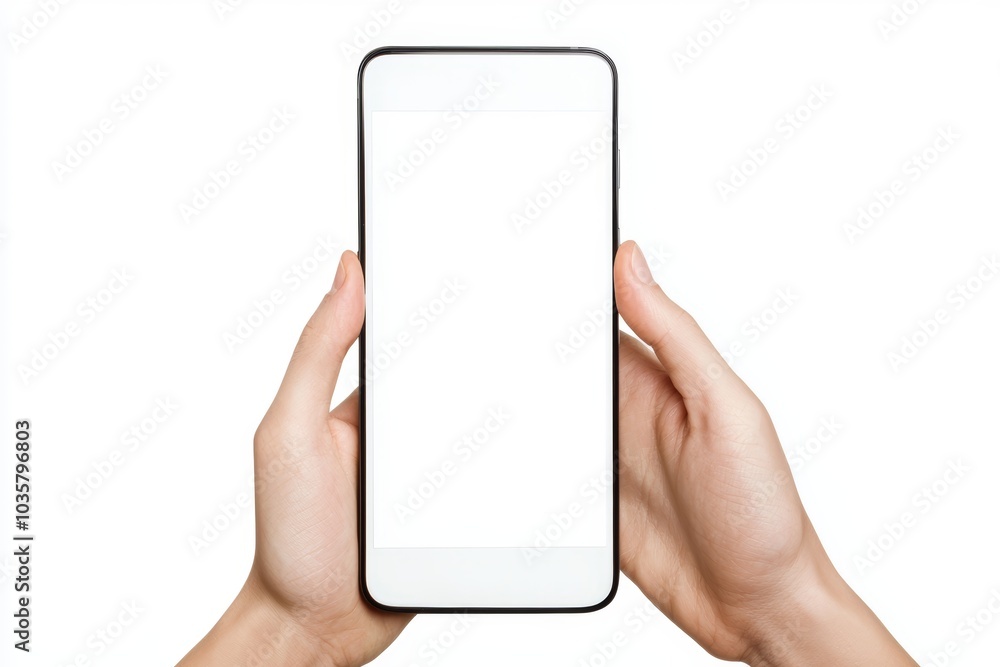 Poster hands using a smartphone with a blank display, offering space for design elements or app interface, 