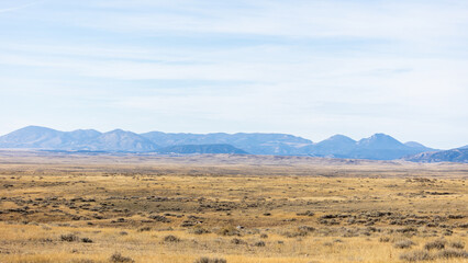The vast, rolling prairie of central Montana stretches beneath a pale autumn sky, its golden grasses and scattered sagebrush capturing the quiet beauty of the fall season.