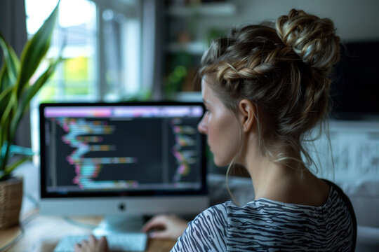 Young woman programming on computer at home office
