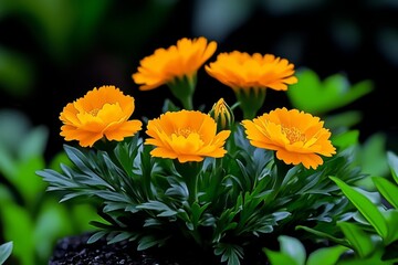 Fototapeta premium Pixel art marigold garden, with small, animated flowers gently swaying