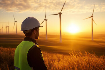 Engineer is admiring a field of wind turbines at sunset