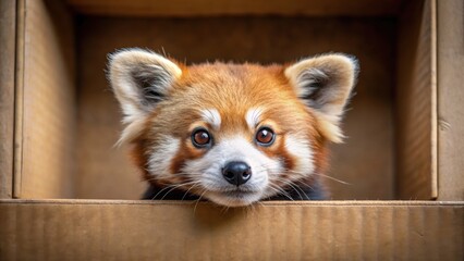 Redpanda peeking out of a cardboard box , red panda, cute, animal, curious, peeking, cardboard box, wildlife, adorable